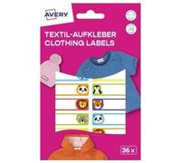 Avery Art. ETVET36A Lot de 36 autocollants nominatifs animaux imperméables pour vêtements (13 x 45 mm, film vinyle, étiquettes textiles autocollantes, autocollants textiles inscriptibles, pour machine