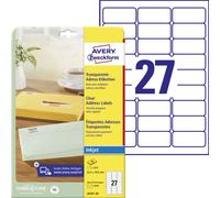 Avery Zweckform J4721-25 Étiquettes d'adresses, 63,5 x 29,6 mm, 25 feuilles/675 étiquettes, transparent