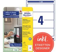 Avery Zweckform L4761REV-10 Étiquettes de classeur, détachables, Home Office, petit paquet, A4 avec ultragrip, 61 x 192 mm, 10 feuilles/40 étiquettes, blanc