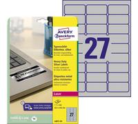 Avery Zweckform L6011-20 Étiquettes de plaque signalétique, 63,5 x 29,6 mm, résistantes aux intempéries, 20 feuilles/540 étiquettes, argentées