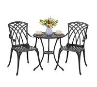 Avestar Ensemble Bistro 3 Pièces en Aluminium Coulé, Table Ronde avec Trous à Parasol Ø5cm et 2 Chaises, Salon de Jardin Extérieur Résistant aux Intempéries, pour Terrasse, Balcon, Cour, Jardin, Noir