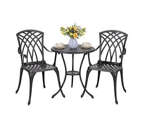 Avestar Ensemble Bistro 3 Pièces en Aluminium Coulé, Table Ronde avec Trous à Parasol Ø5cm et 2 Chaises, Salon de Jardin Extérieur Résistant aux Intempéries, pour Terrasse, Balcon, Cour, Jardin, Noir