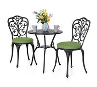 Avestar Ensemble de Bistrot de Jardin 3 Pièces avec Trou pour Parasol, Mobilier d'Extérieur Comprenant 1 Table et 2 Chaises avec Coussin Vert, Cadre en Aluminium, Design Léger, Noir
