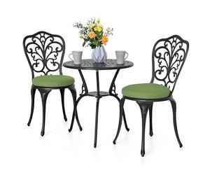 Avestar Ensemble de Bistrot de Jardin 3 Pièces avec Trou pour Parasol, Mobilier d'Extérieur Comprenant 1 Table et 2 Chaises avec Coussin Vert, Cadre en Aluminium, Design Léger, Noir