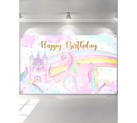 Avezano Bannière d'anniversaire licorne pour filles - Château de licorne arc-en-ciel - Bannière d'anniversaire - Bannière d'anniversaire - 180 x 119 cm