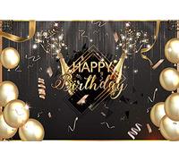 Avezano Joyeux Anniversaire Toile de Fond Noir et Or Ballons de Champagne Affiche pour Hommes Femmes 30e 40e 50e Anniversaire Anniversaire fête Photo Booth Fond bannière,250x180cm