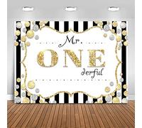 Avezano Mr Onederful Toile de fond pour 1er anniversaire Doré à paillettes Noir Blanc Rayures Petit homme Premier anniversaire Décoration de photo 2,1 x 1,5 m