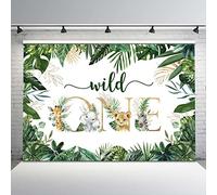 Avezano Toile de fond pour 1er anniversaire Safari Wild One Forest Jungle Photo Booth Elephant Baby Animals Bannière de décoration de table pour gâteau Accessoires de photomaton (2,4 x 1,8 m)