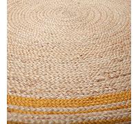 Avgari Creation Tapis rond tressé à la main 100 % jute beige avec pompons jaunes pour salon, cuisine, intérieur et extérieur, 90 x 90 cm