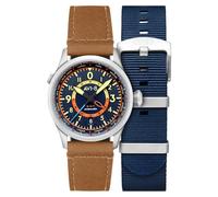 AVI-8 Flyboy Wingman Worldtimer GMT Montre automatique avec bracelet en cuir pour homme 41 mm, Bleu Atlantique, Contemporain