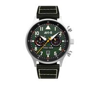 AVI-8 pour Homme 43,5 mm Hawker Hurricane Carey Montre Pilote à Quartz Japonais à Double Fuseau horaire avec Bracelet en Cuir ou en Acier Inoxydable AV-4088, Vert, Sangle
