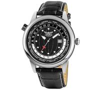 Aviator World Cities 3 Montre à quartz pour homme - Collection aviateurs de vol classique - Bracelet en cuir véritable noir 3 ATM