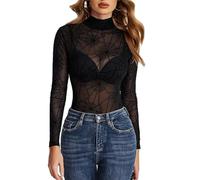 Avidlove Body sexy pour femme avec encolure en rouleau, en maille élégante et manches longues en dentelle, forme moulante, haut pour rave, festival, soirée, club, XXL