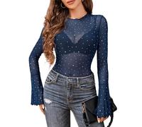 Avidlove Chemisier en maille pour femme avec strass - Manches cloches - Haut à bord ondulé - Tenue sexy pour festival, bleu, XL