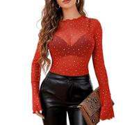 Avidlove Chemisier en maille pour femme avec strass - Manches cloches - Haut à bord ondulé - Tenue sexy pour festival, rouge, XXL