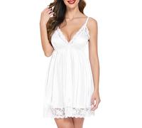 Avidlove Nuisette Femme Satin Sexy Chemise De Nuit Col en V Lingerie Courte Bretelles Reglables Robe Baby Dolls & Negligees pour Femmes Cami Dentelle sous-Robe Set Blanc S