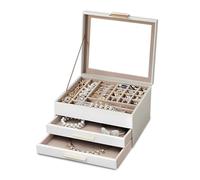 Avilia - Boîte à bijoux pour femme en cuir synthétique, 19 compartiments, 2 tiroirs, 3 niveaux, couvercle en verre, revêtement en velours, idée cadeau élégante, imperméable, 23 x 20 x 13,8 cm