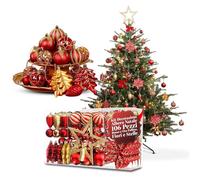 Avilia Lot de 106 décorations d'arbre de Noël en Rouge et Or avec balles, Fleurs et étoiles incassables pour décorations de Noël coordonnées, faciles à accrocher et à réutiliser