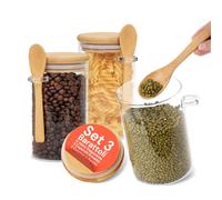 Avilia - Lot de 3 bocaux en verre avec couvercle hermétique en bois et cuillère de 500 ml, parfaits pour les épices et le sucre, faciles à remplir, réutilisables et élégants pour chaque cuisine