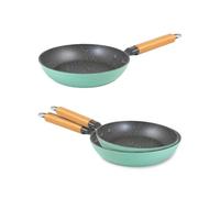 Avilia Lot de 3 poêles antiadhésives avec poignées en bois de hêtre - poêles en aluminium recyclé, respectueuses de l'environnement, vert et gris, 20-24-28 cm