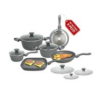 Avilia Lot de 9 batteries en aluminium avec revêtement antiadhésif - 2 poêles, 3 casseroles, 1 gril carré et 3 couvercles en verre trempé - Poignées confortables au toucher doux en Bakelite