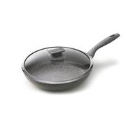 Avilia Poêle anti-adhésive à induction avec couvercle - effet pierre, cuisson sans huile, poignée ergonomique Soft-Touch, idéale pour viande, poisson et légumes, 28 cm, fabriquée en Italie