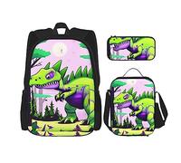 AvImYa Sac à dos + trousse à crayons/pochette + sac à déjeuner combinaison cartable pour filles garçons enfants étudiants léger durable dinosaure vert, Noir , taille unique