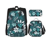 AvImYa Sac à dos + trousse à crayons/pochette + sac à déjeuner, sac d'école, cartable pour filles, garçons, enfants, étudiants, léger, durable, bleu sarcelle, gris et blanc floral, Noir , Taille