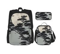 AvImYa Sac à dos + trousse à crayons/pochette + sac à déjeuner, sac d'école, cartable pour filles, garçons, enfants, étudiants, léger et durable, sapin sous la lune, Noir , Taille unique