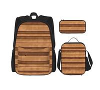 AvImYa Sac à dos + trousse à crayons/pochette + sac à déjeuner, sac d'école, cartable pour filles, garçons, enfants, étudiants, léger, durable, texture couleur bois originale, Noir , Taille unique