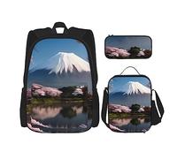 AvImYa Sac à dos + trousse à crayons/pochette + sac à déjeuner - Sac d'école pour filles, garçons, enfants, étudiants légers et durables - Mont Fuji au début du printemps, Noir , taille unique
