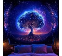 Avinyl Tapisserie arbre et espace à la lumière noire pour chambre à coucher, tapisserie esthétique arbre de vie noire cool pour fille, étoiles fantastiques, galaxie, décoration murale pour salon,