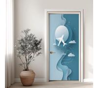 Avion Blanc Effet 3D Sticker Porte, Nuage Géométrie Papier Autocollant Porte Mural Décoration, Ligne Abstraite Stickers Muraux Amovible PVC 95x215 cm