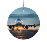 Avion dans la lumière du soir imprimé rond et plat ornements à suspendre pour Noël, hiver, Nouvel An, décorations à suspendre