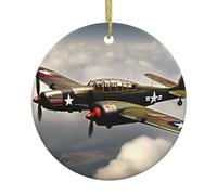 Avion de la Seconde Guerre mondiale 2 - Échelle standard - 2_00 décorations de Noël imprimées - Père Noël - Arbre de Noël - En céramique - Rond - À suspendre - Cadeaux souvenirs