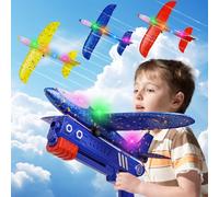 Avion Polystyrene Planeur avec Pistolet Catapulte, Avion en Mousse Jouet Enfant Volant Jeu de Lancer, LED Jeux Exterieur Intérieur Jardin Interactif Cadeau Noël Anniversaire, Garçon Fille 3-12 Ans