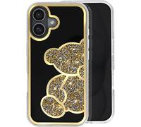 Avizar, Apple iPhone 16 Étui à paillettes avec motif d'ours et strass, or