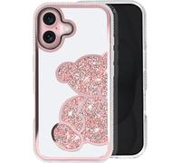 Avizar, Apple iPhone 16 Étui à paillettes avec motif d'ours et strass, rose