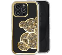 Avizar, Apple iPhone 16 Pro Max Étui à paillettes avec motif d'ours et strass, or