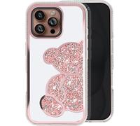 Avizar, Apple iPhone 16 Pro Max Étui à paillettes avec motif d'ours et strass, rose