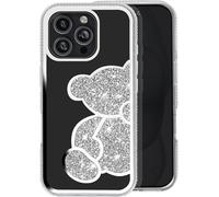 Avizar, Apple iPhone 16 Pro Max Étui à paillettes avec motif ours et strass, argenté