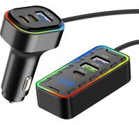 Avizar, Chargeur allume-cigare 22.5W 3x USB-C + 3x USB avec câble d'extension de 1.5m, noir