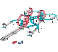 Avizar, circuit de course automobile 984cm avec loopings 2 voitures à friction, bleu / rouge