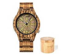 AVLUZ Viking Compass Montre bracelet en bois pour homme avec mouvement à quartz, motif gouvernail of Awe en bois gravé à la main., marron, Bracelet