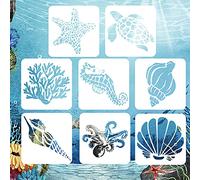 AvoDovA 8 pièces Pochoirs de peinture de Créatures Marines, Réutilisable Journal Peinture Pochoir pour Enfants, Dessin Pochoirs pour Bricolage Artisanat Scrapbooking Peinture sur Bois, 13 * 13CM