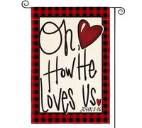 AVOIN colorlife Drapeau de jardin « Oh How He Loves Us » pour la Saint-Valentin, 30,5 x 45,7 cm, double face, motif écossais rouge, décoration extérieure rustique
