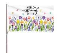 AVOIN colorlife Drapeau de maison tulipe lavande Hello Spring - 9,1 x 1,5 m - Double face - Motif floral saisonnier - Grande bannière de cour - Drapeau d'extérieur