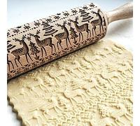 AvviKro Rouleau à pâtisserie de Noël en bois 3D en relief avec symboles gravés sur le thème de Noël pour la cuisson de biscuits en relief, outil de cuisine (élan)
