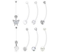 AVYRING 14G Piercing Nombril Grossesse Bébé Barre 38MM Anneaux Ventre Maternité Clair Réglable Bioflex Long Barbells Dangle Papillon 8 Pièces