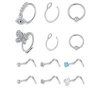 AVYRING 20G Bouchon de Nez Tire Piercing Nez Anneaux Hoop Acier Inoxydable Corkscrew Opale CZ Papillon Nostril Piercing Argent 12 Pièces